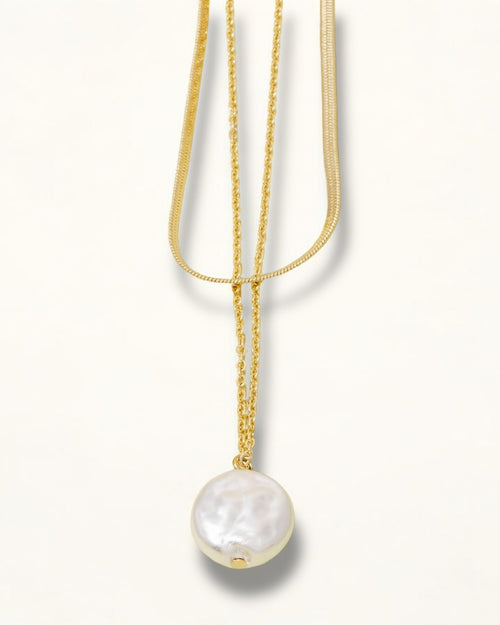 Pearl Coin Pendant Layered Chain Necklace