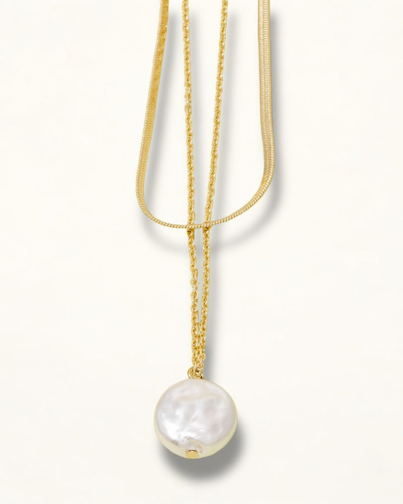 Pearl Coin Pendant Layered Chain Necklace