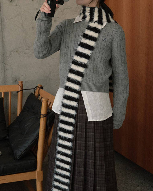 Fuzzy Striped Skinny Scarf