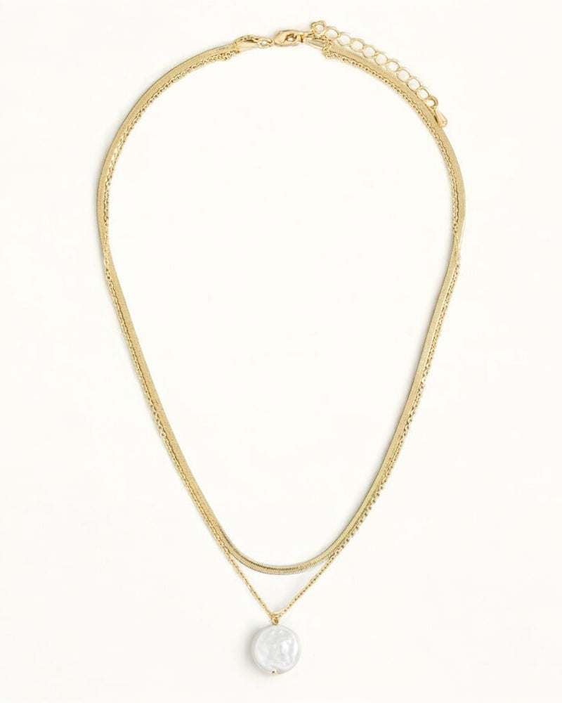 Pearl Coin Pendant Layered Chain Necklace