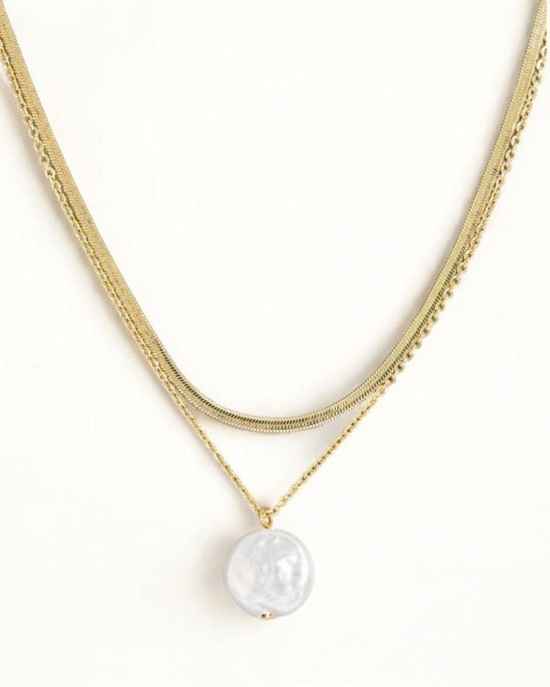 Pearl Coin Pendant Layered Chain Necklace