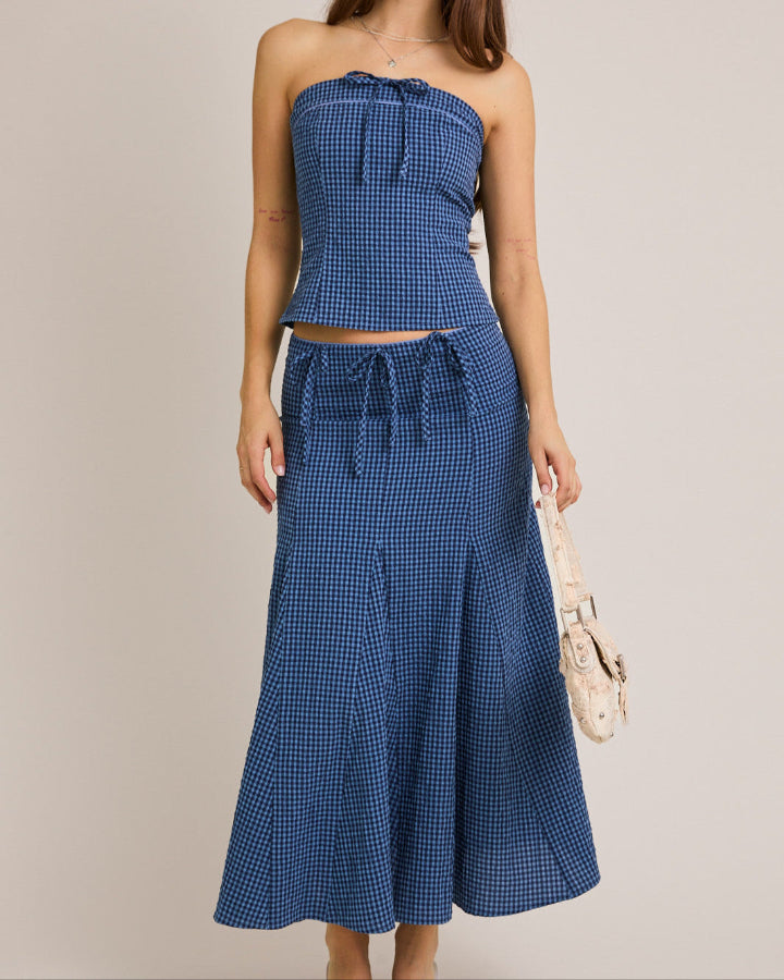 French Blue Gingham Midi Skirt