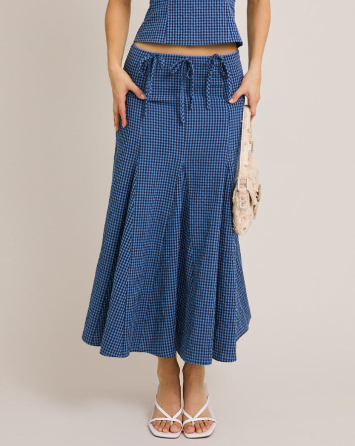 French Blue Gingham Midi Skirt