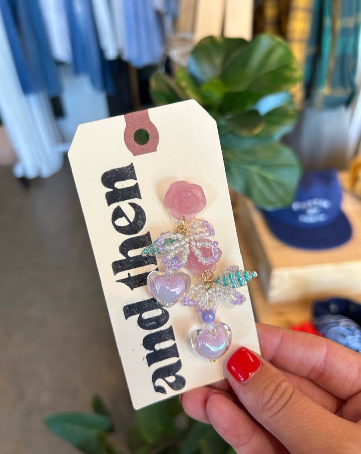 Beaded Floral Heart Drop Earrings