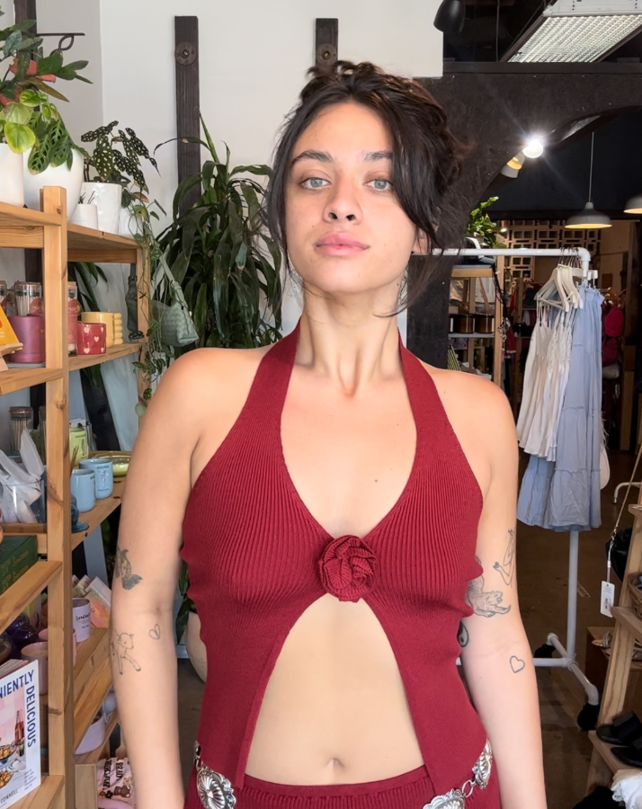 Merlot Red Knit Ribbed Rosette Halter