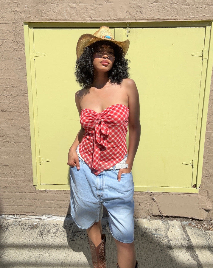 Strawberry Gingham Sweetheart Tie Top