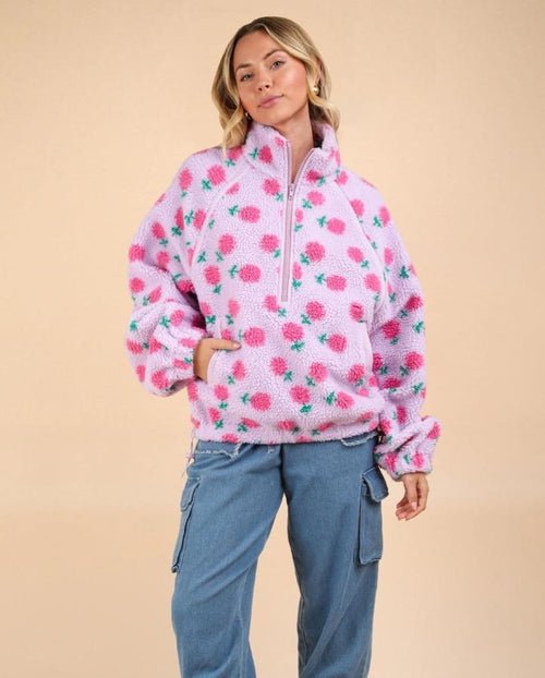 Lavender Flower Fleece Henley Zip Up Top