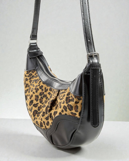 Dark Leopard Print Half Moon Shoulder Bag