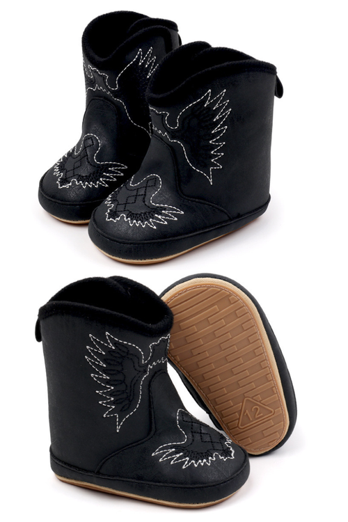 Black faux leather baby cowboy boots