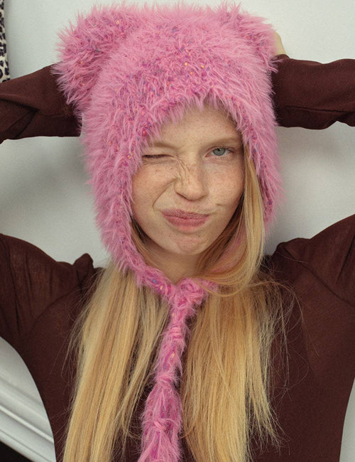 Fuzzy 90's Kitty Beanie