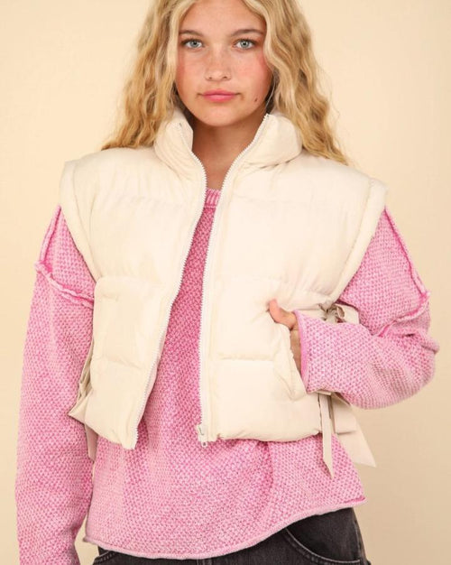 Ecru Side Bow Crop Puffer Vest