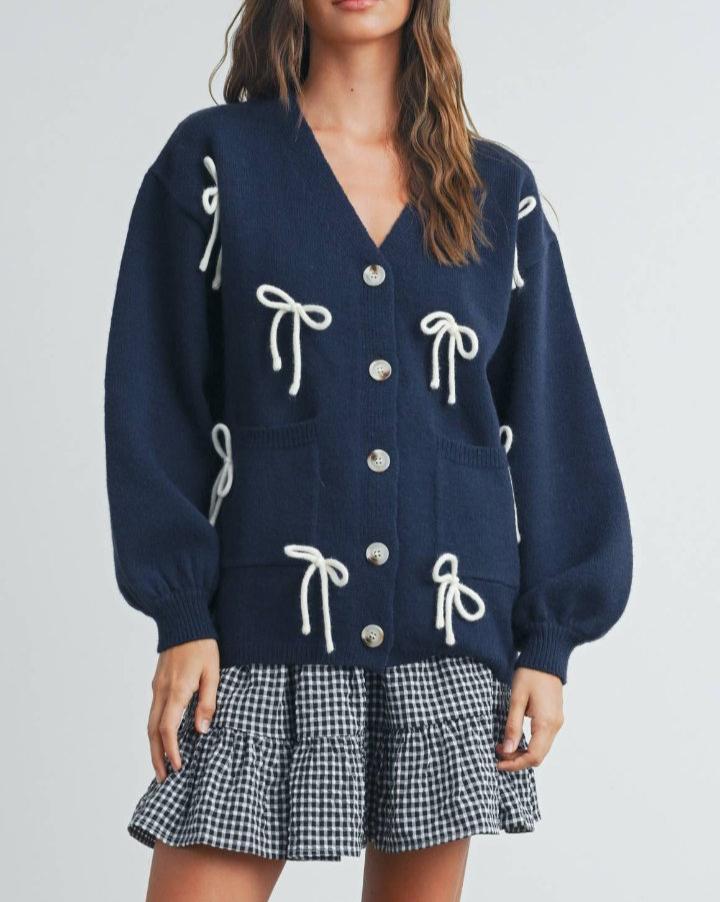 Navy Bow Applique Cardigan