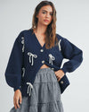Navy Bow Applique Cardigan