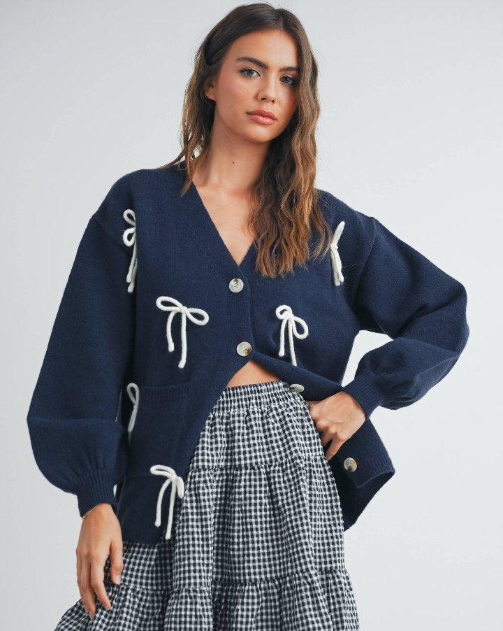Navy Bow Applique Cardigan