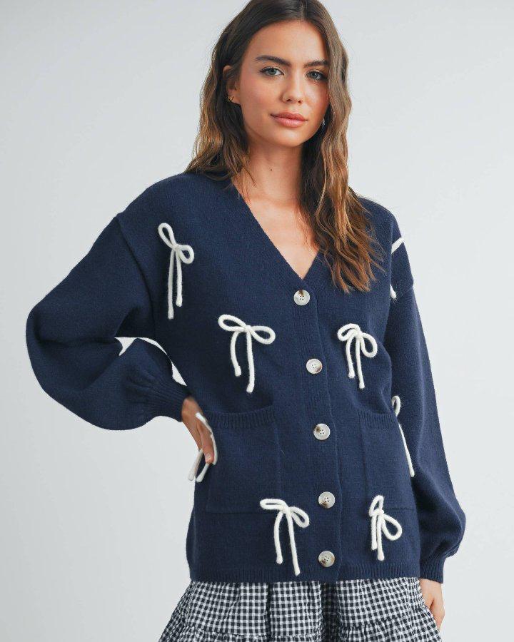 Navy Bow Applique Cardigan