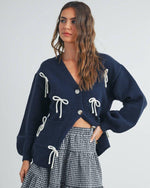 Navy Bow Applique Cardigan