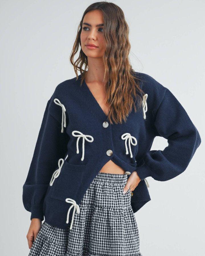 Navy Bow Applique Cardigan