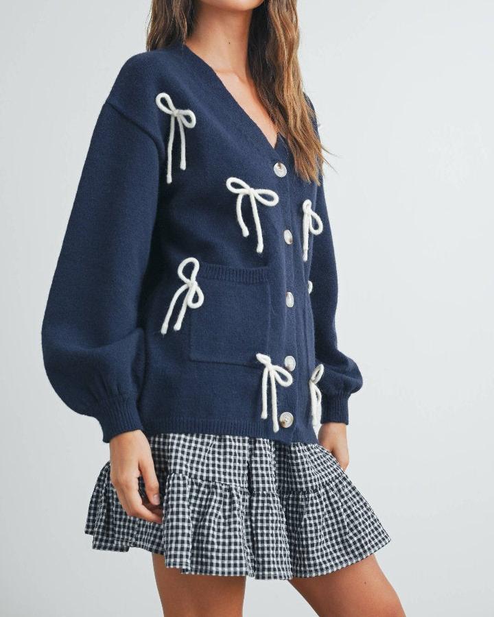 Navy Bow Applique Cardigan