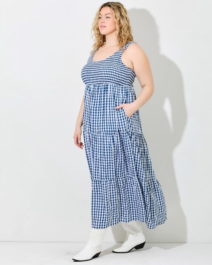 Smocked Blue Gingham Plus Maxi Dress