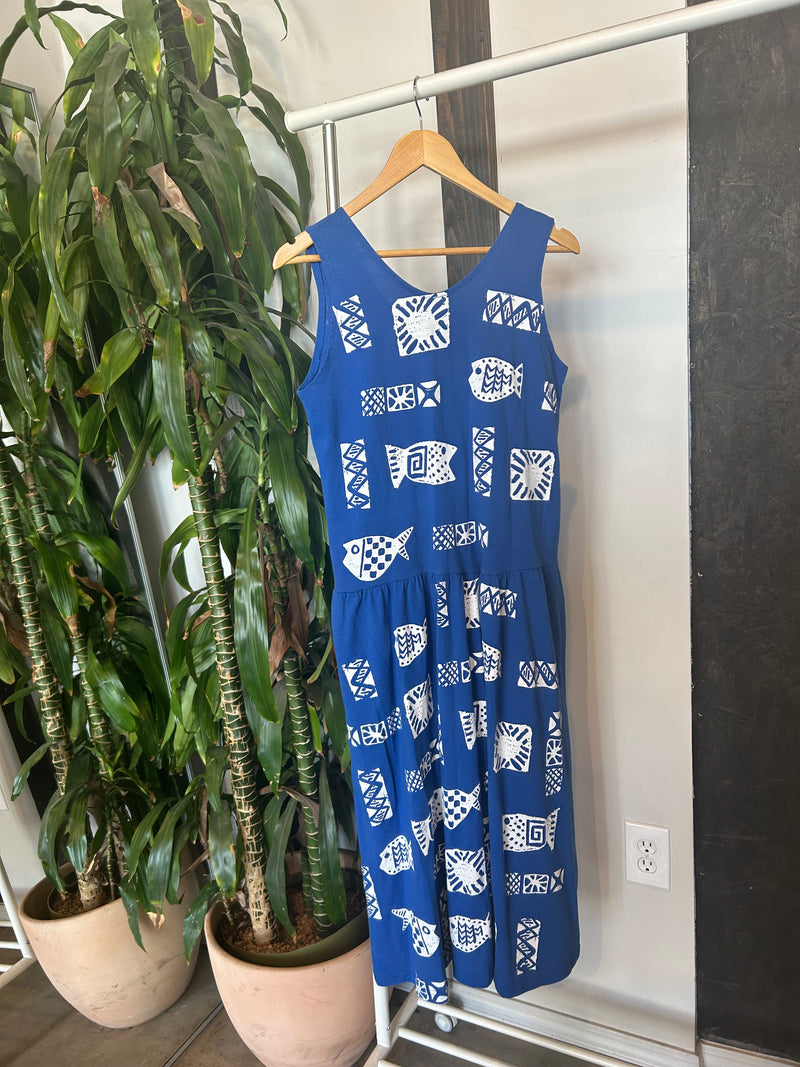 Vintage Blue Aztec Fish Print T-Shirt Dress