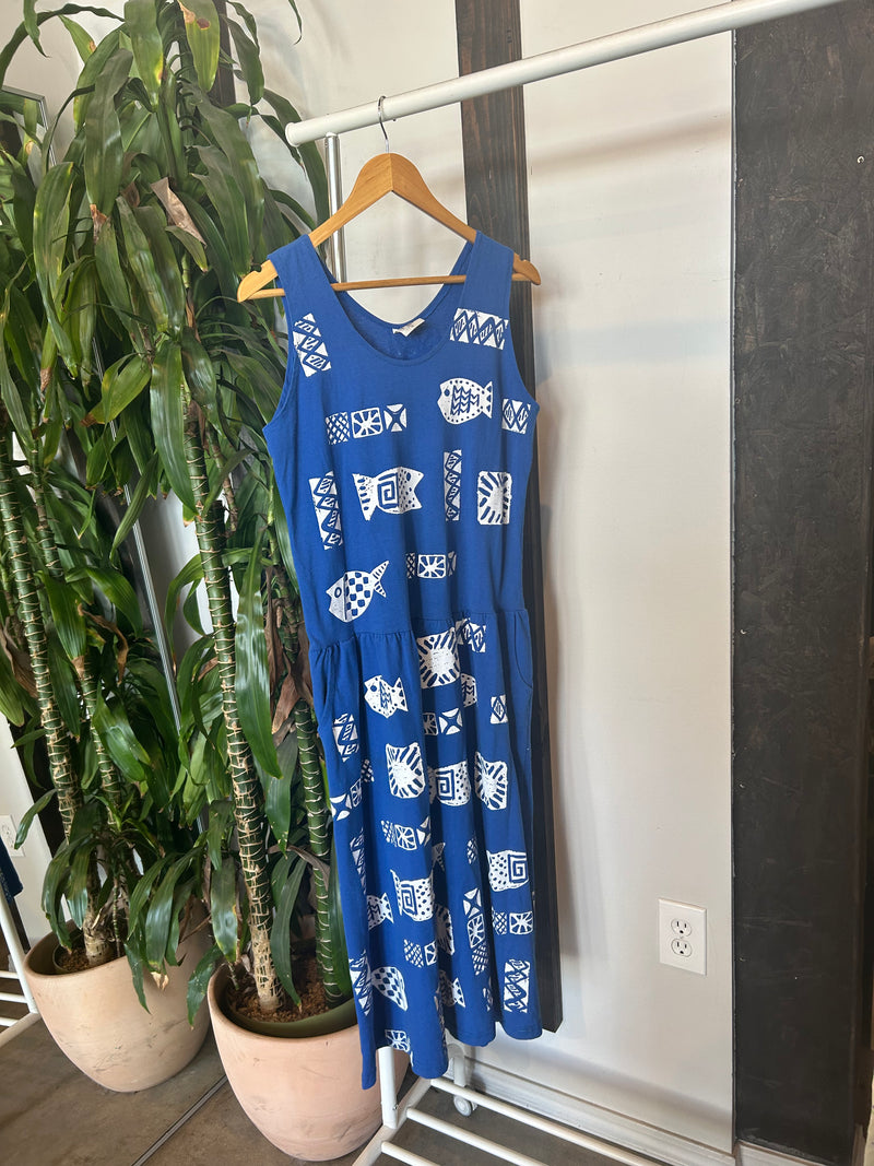 Vintage Blue Aztec Fish Print T-Shirt Dress