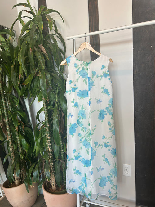 Vintage White Shift Dress with Blue Floral Print