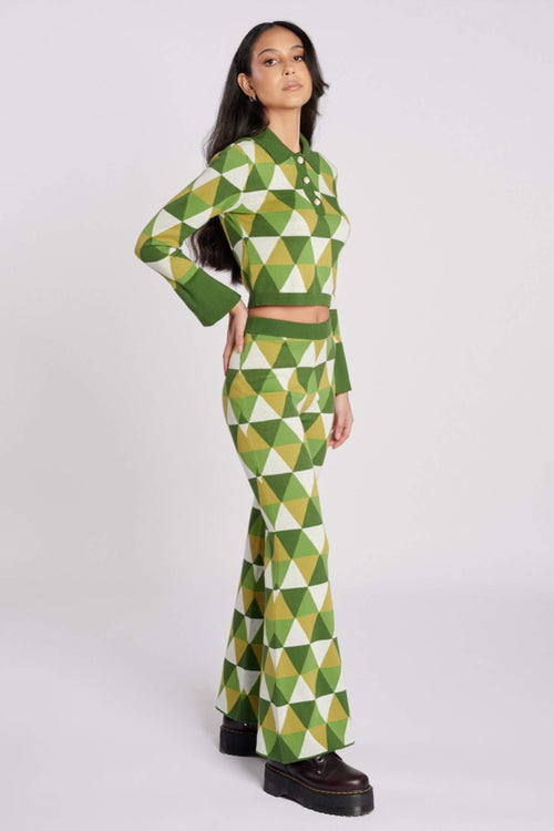 Green Geo Knit Flare Pant