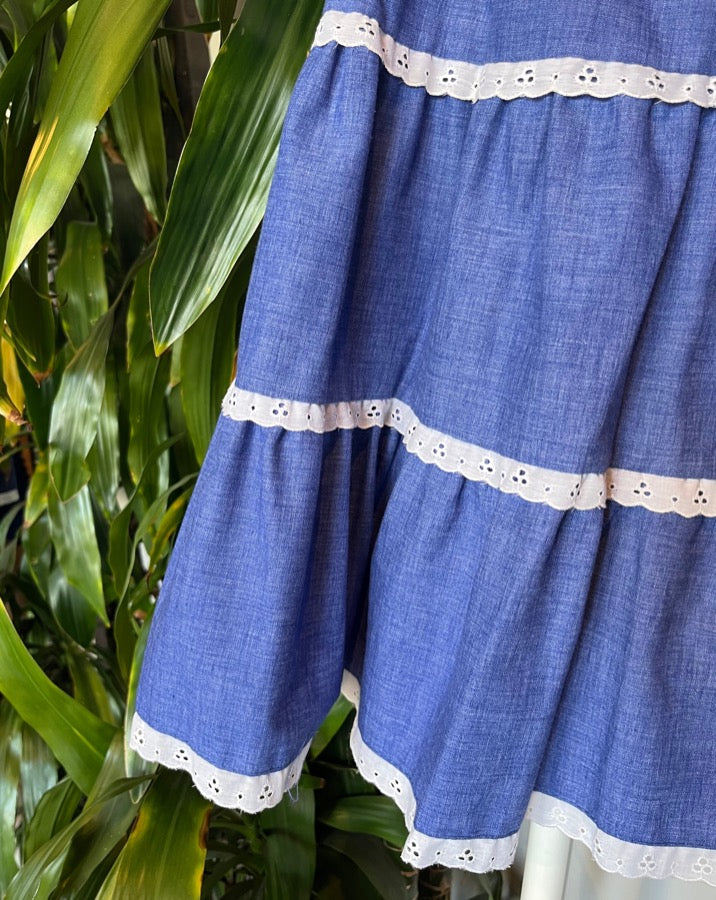 Vintage Tiered Lace Chambray Skirt