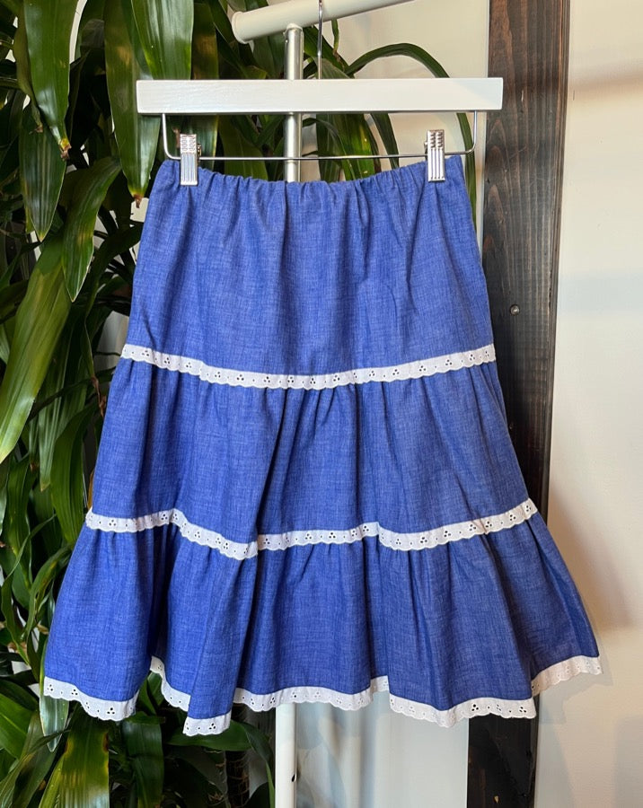 Vintage Tiered Lace Chambray Skirt