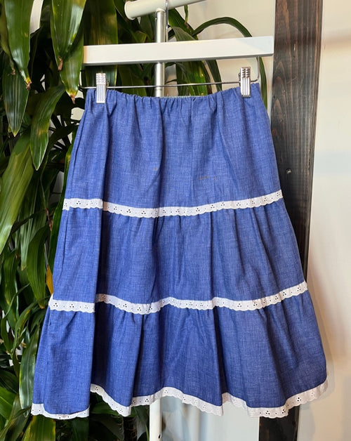 Vintage Tiered Lace Chambray Skirt