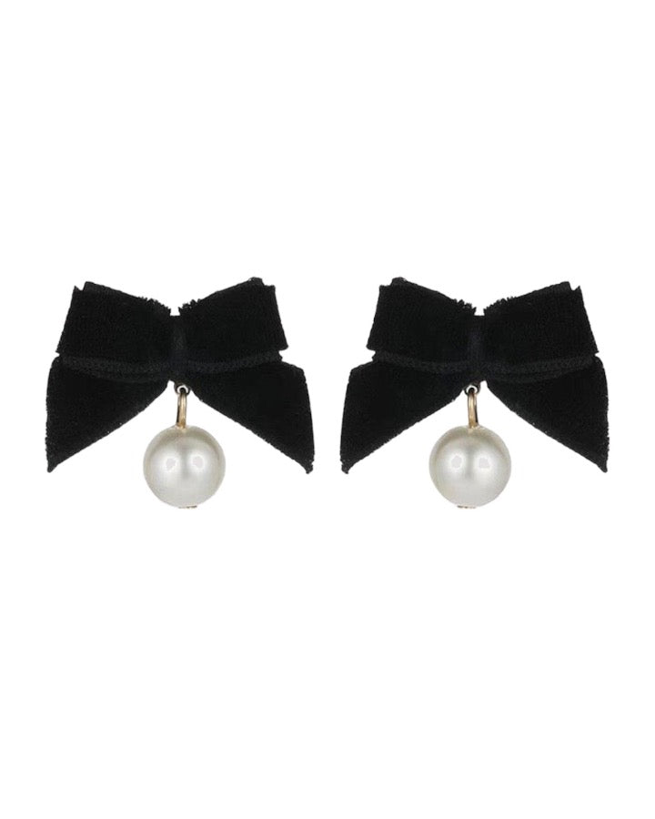 Black Bow Pearl Earrings